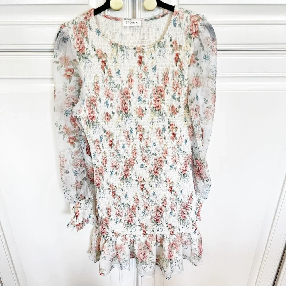 STORIA Womens Pastel Floral Smocked Chiffon Ruffle Teim Dress Long Sleeve Medium - Picture 3 of 11